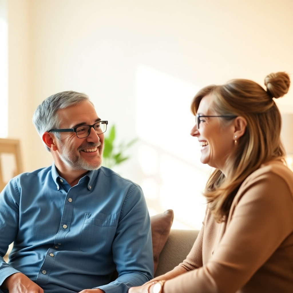 A photorealistic image of a coach and client, both smiling and engaged in a conversation. The background is a bright, comfortable office setting. The lighting is warm and inviting. The color palette is natural and friendly, emphasizing trust and support. Shot from a medium distance, showing both individuals clearly and comfortably. 4K resolution, high quality, with a focus on creating a welcoming and supportive atmosphere.