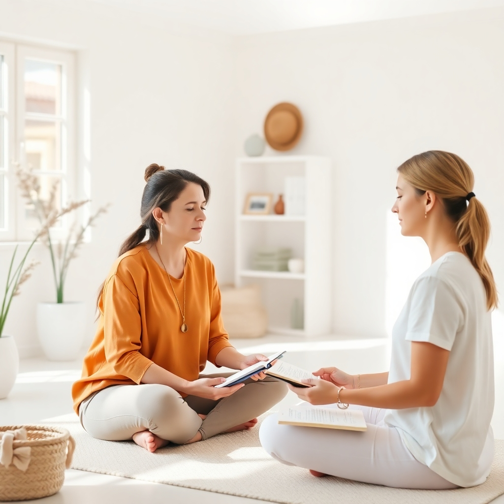 A photorealistic image of a coach guiding a client through a morning ritual, including meditation, affirmations, and journaling. The setting is a bright and airy studio. The camera angle is a medium shot, capturing the interaction between the coach and the client.