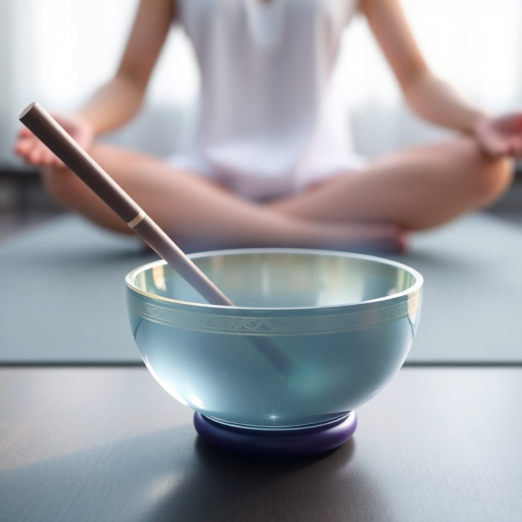 A photorealistic image of a crystal singing bowl being played, with visible sound waves emanating outwards. The background is a soft, blurred image of a meditative space. The color palette is calming and serene, with blues, greens, and purples. The camera angle is a close-up shot, emphasizing the detail of the crystal bowl and the visual representation of the sound waves.