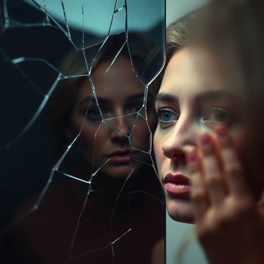 A photorealistic image of a cracked mirror reflecting a distorted image of a person. As the person recites affirmations, the cracks begin to heal, and the reflection becomes clearer and more radiant. The color palette shifts from dark and muted to bright and vibrant as the mirror heals. The camera angle is a medium shot, focusing on the person's face and the changing reflection in the mirror.