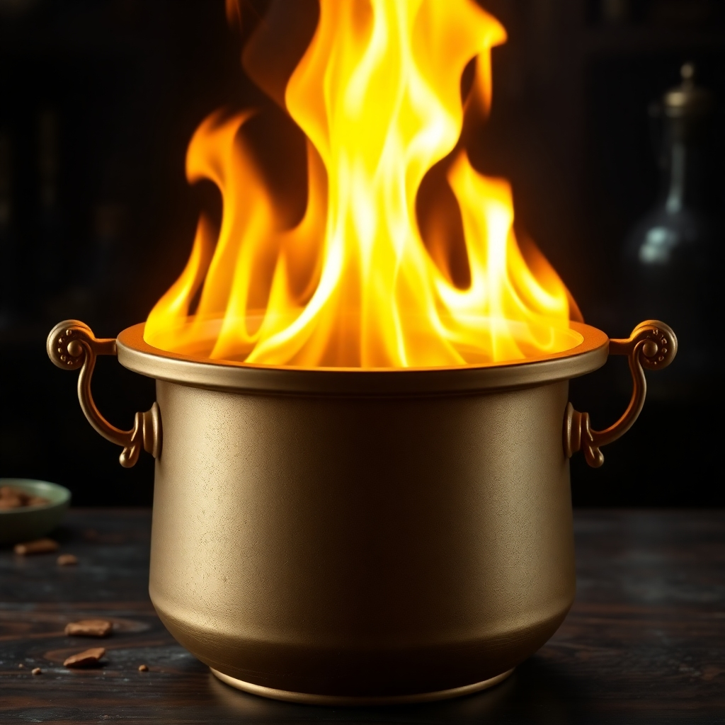 A photorealistic image of a crucible filled with molten gold, with flames rising from within. The gold is gradually transforming from a dull, dark color to a brilliant, radiant hue, symbolizing the transmutation of negative emotions into positive ones. The background is a dark and mysterious alchemist's laboratory.