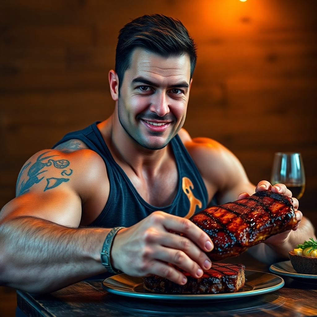 A photorealistic image of a determined person with a strong physique, enjoying a perfectly grilled steak.  The background should be a rustic, wooden table with a simple, elegant setting.  The lighting should be warm and inviting, highlighting the juicy steak and the person's confident expression. The overall mood should convey strength, health, and self-assurance.