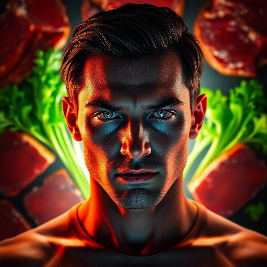 A photorealistic image of a determined person with glowing eyes, looking directly at the camera, set against a backdrop of rich, red meat cuts and vibrant green leafy vegetables. The person is radiating energy and confidence, with a subtle, ethereal glow around them, enhanced by lighting effects.  The image should have a high level of detail, sharp focus, and visually striking color contrast. The overall mood should be one of empowerment and inner strength.