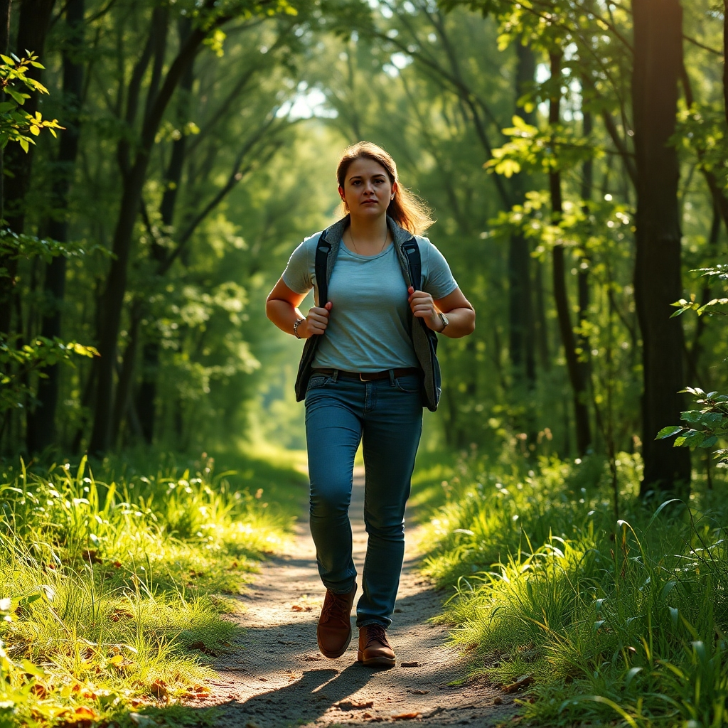 A photorealistic image of a determined individual confidently striding forward on a path through a lush forest, sunlight dappling through the leaves. They look empowered and focused, with a clear sense of purpose. The mood is one of strength and determined optimism. High detail, sharp focus, natural lighting, vibrant colors.
