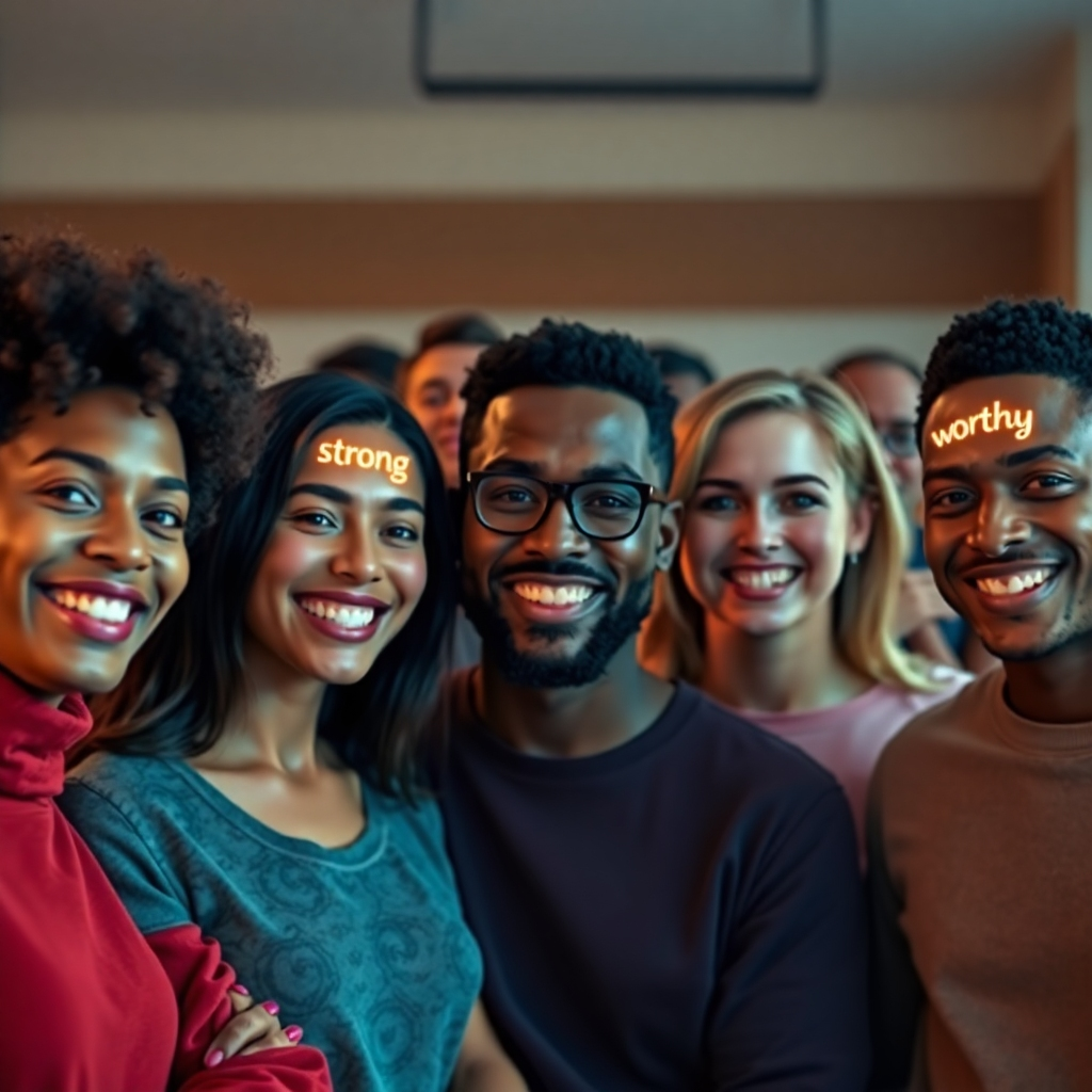 A photorealistic image of a diverse group of YouTube creators, smiling and supporting each other. Each person has a glowing, positive affirmation word subtly visible above their head, like 'strong', 'capable', or 'worthy'. The background is a supportive and inclusive environment.