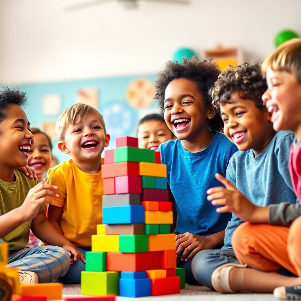 A photorealistic image of a diverse group of children, aged 6-10, laughing and playing a collaborative learning game. The game involves building a tower with colorful blocks, symbolizing teamwork and problem-solving. The lighting is bright and cheerful, highlighting the children's expressions of joy and excitement. The color palette is vibrant and playful, with primary colors dominating. The camera angle is slightly below, giving a sense of energy and dynamism. The environment is a well-equipped playroom, filled with toys and educational materials. Style reference: Inspired by advertising photography for children's products. Technical specs: 4K resolution, high quality.