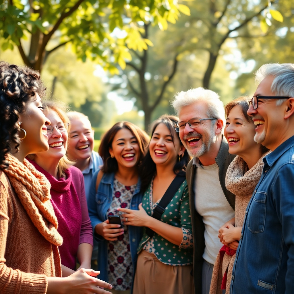 A photorealistic image of a diverse group of people of all ages and ethnicities smiling and laughing together outdoors in a park on a sunny day.  The scene is vibrant and joyful, filled with warmth and genuine happiness. The people are interacting positively with each other, expressing emotional connection and support. High resolution, 8k quality, natural lighting, sharp focus, a feeling of authentic joy and connection.