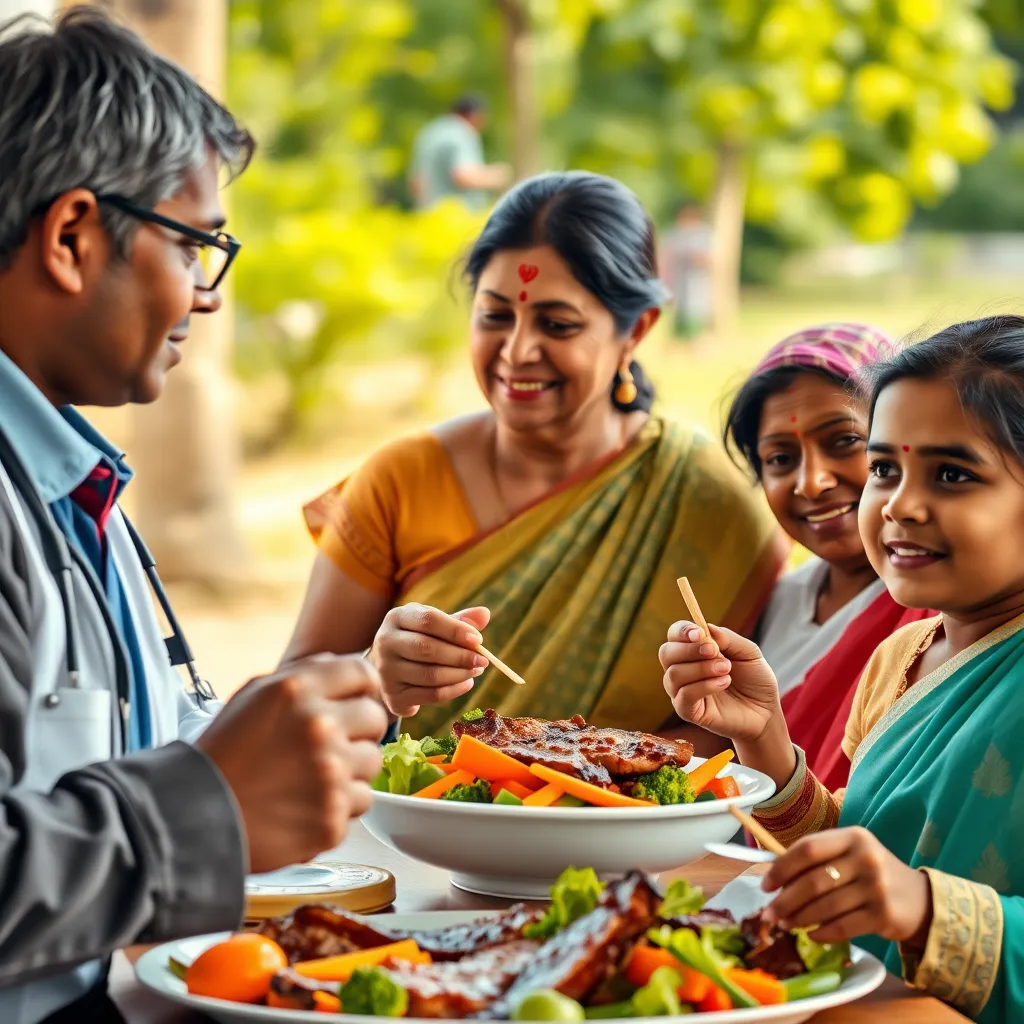 A photorealistic image of a diverse group of Indian individuals engaging in various healthy activities: a doctor examining a patient, people exercising outdoors, a family enjoying a balanced meal with both meat and vegetables. The image should emphasize a holistic approach to health, highlighting the importance of multiple factors beyond just diet.