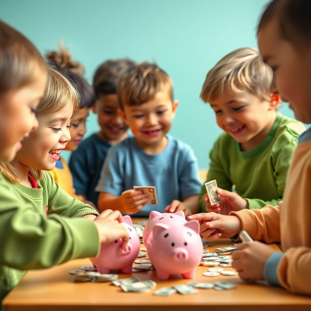 A photorealistic image of a diverse group of children actively engaged in a fun, interactive money-counting activity. Bright, cheerful colors, playful props (piggy banks, play money), and expressions of excitement and learning.  The scene should focus on the children working together collaboratively. Shallow depth of field, natural lighting, and 4K resolution.