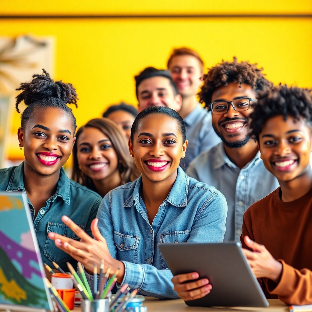 A photorealistic image of a diverse group of people smiling confidently, each engaging in an activity that showcases their unique talents. The activities should be varied, representing a range of skills and professions; one person could be painting, another coding, etc. The background should be vibrant and cheerful, reflecting positivity and energy. Each person should project confidence and self-assurance. The image should highlight the diversity of talents and skills.
