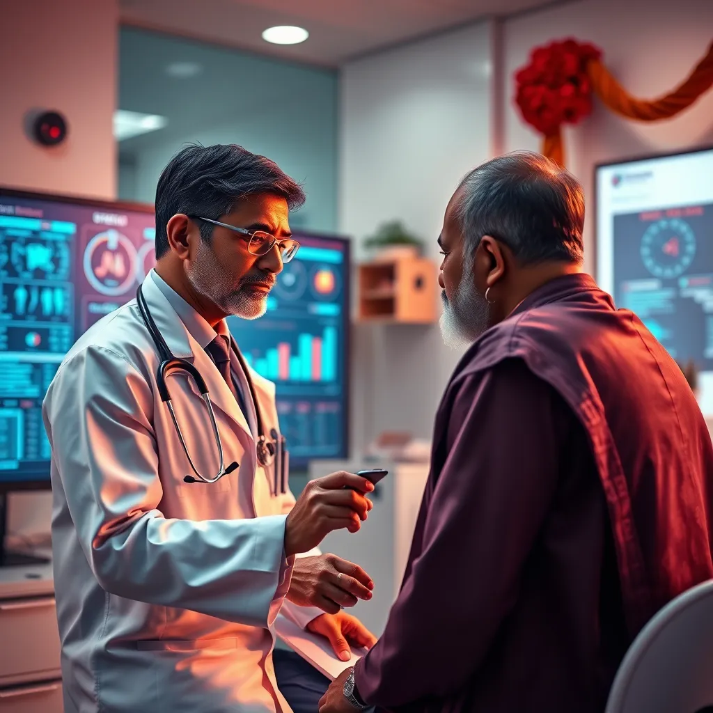 A photorealistic image of a doctor examining a patient, with a screen displaying data related to metabolic syndrome. The background should be a modern Indian clinic, with subtle hints of traditional Indian elements.