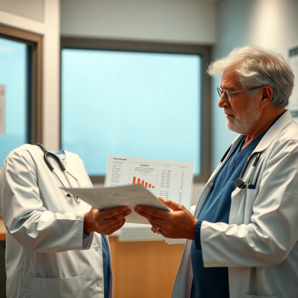 A photorealistic image of a doctor and a patient interacting in a medical setting. The doctor is explaining something to the patient, who is looking at a detailed chart with various blood test results and information about their diet. The atmosphere is professional and reassuring, highlighting the importance of ongoing medical guidance.