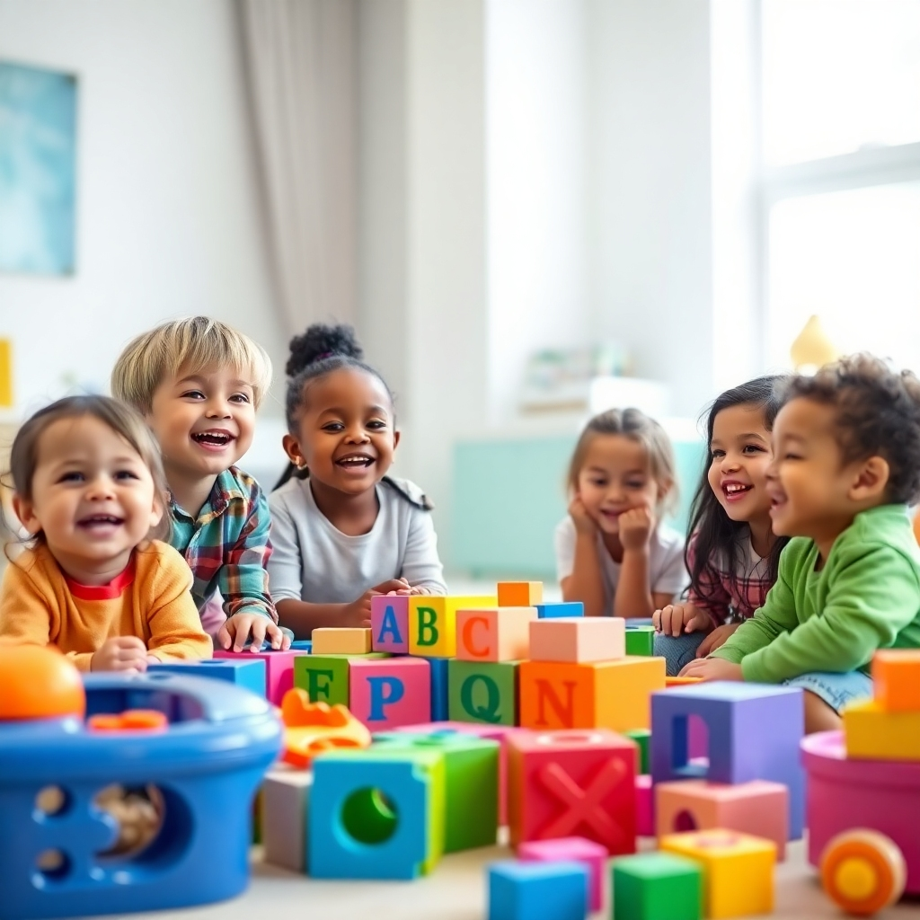 A photorealistic image of a group of diverse children laughing and learning together, surrounded by colorful alphabet blocks and educational toys. The setting is a brightly lit playroom with soft, natural lighting. The image should evoke a feeling of joy and collaborative learning. Resolution: 4K, high quality