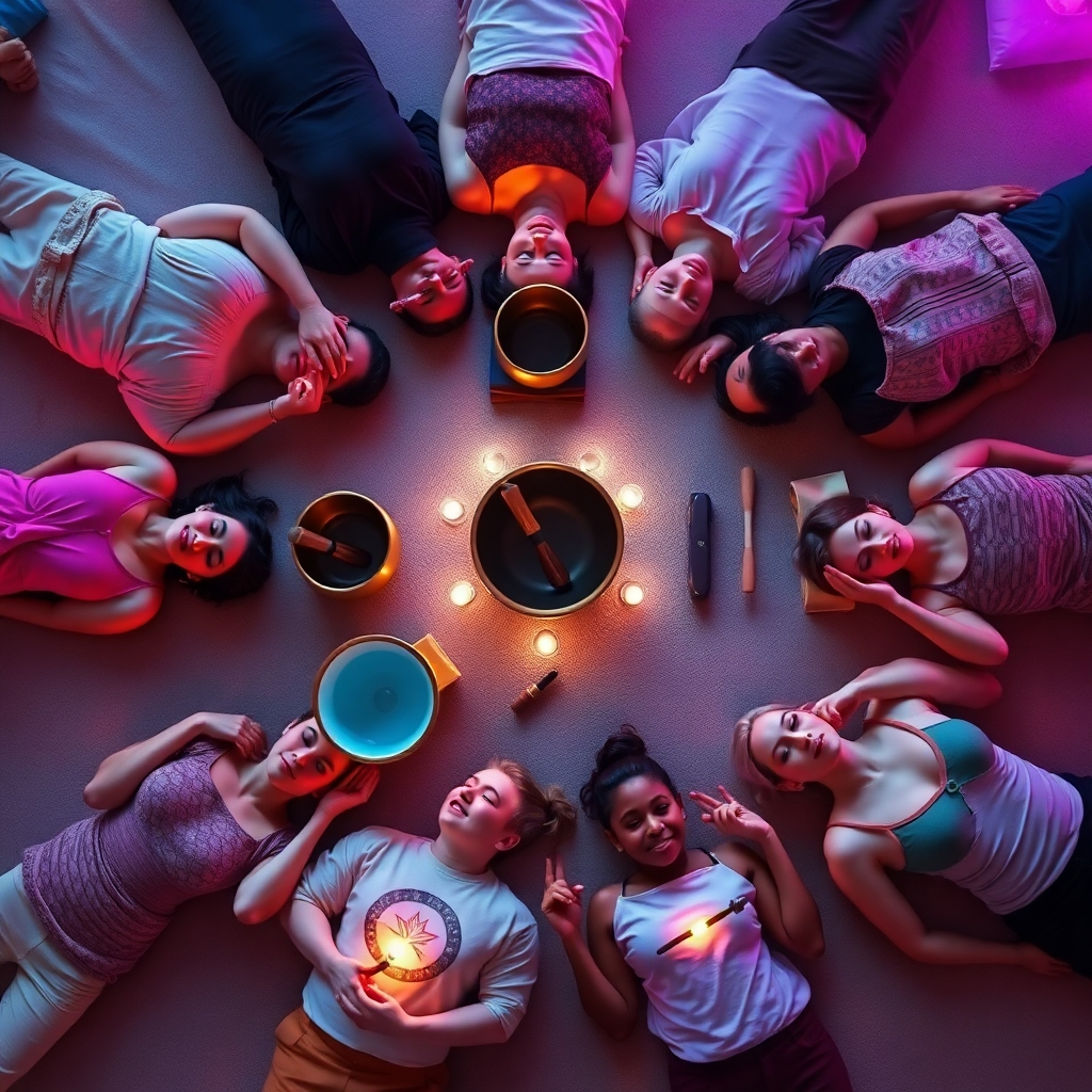 A photorealistic image of a group of people lying down in a circle, surrounded by crystal singing bowls and other sound therapy instruments. Soft, colorful lighting enhances the immersive experience. Camera angle: Overhead shot capturing the sense of community and relaxation.