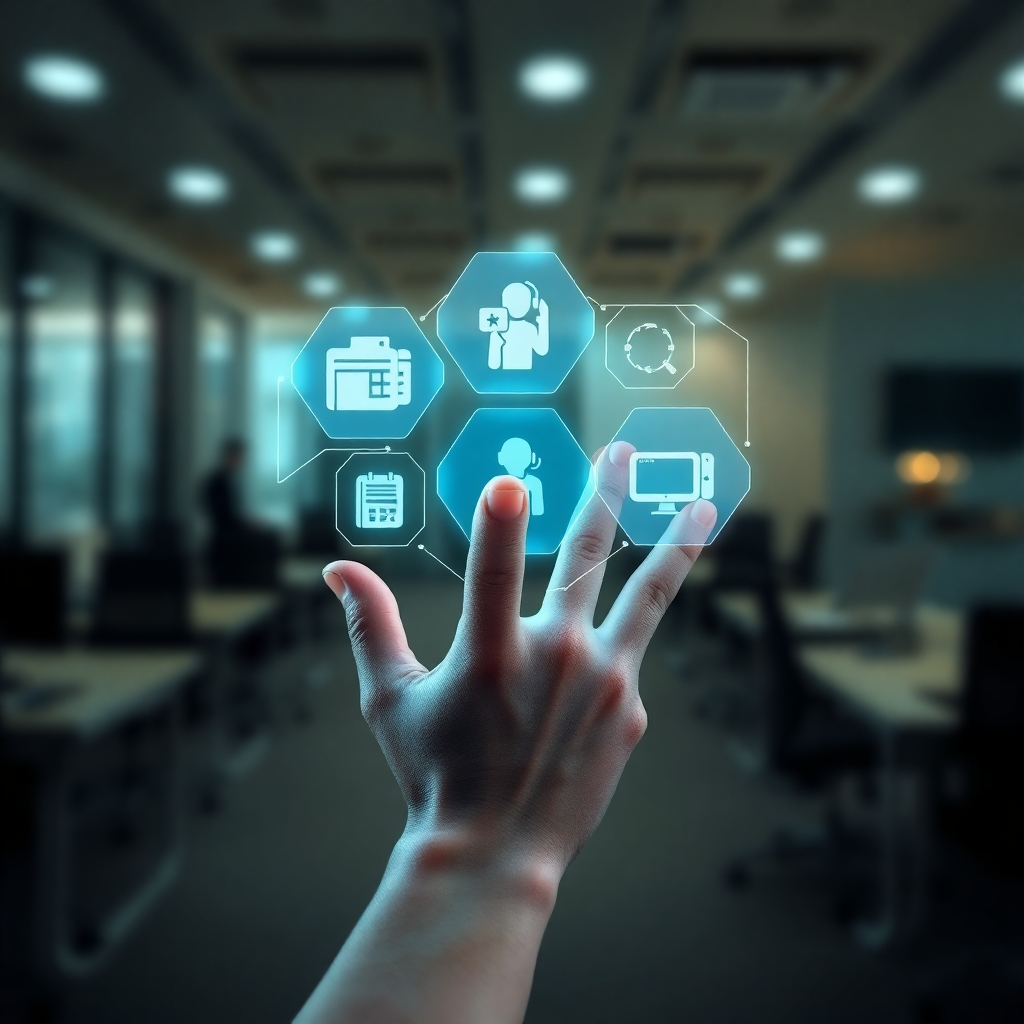 A photorealistic image of a hand interacting with a holographic display showing various icons representing different skills: coding, project management, communication, design. The hand is partially translucent, revealing the intricate network of neural pathways within the brain. The background is a blurred office setting, symbolizing the potential for remote career advancement. Style: Futuristic and tech-driven. Camera angle: close-up, focusing on the hand and the holographic display.