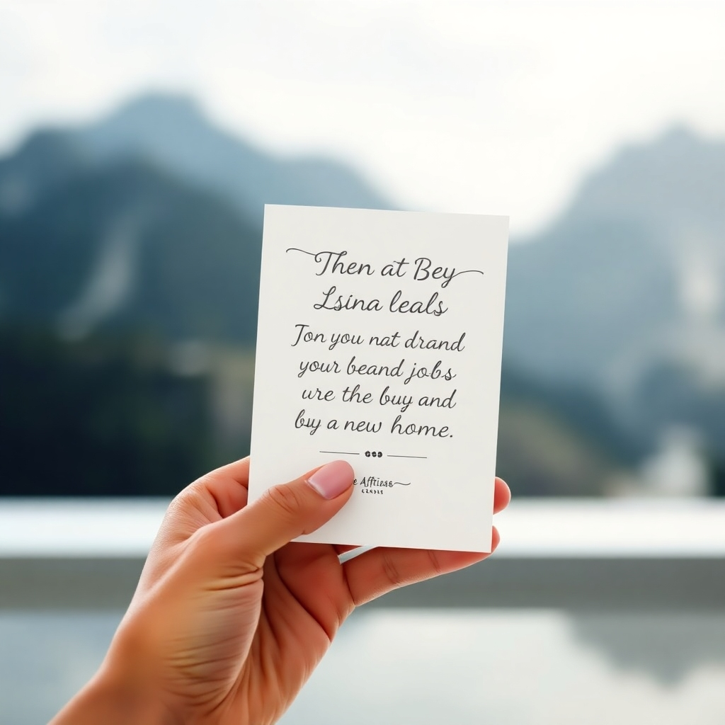 A photorealistic image of a hand holding a personalized affirmation card. The card is beautifully designed with elegant typography and uplifting imagery. The background is a blurred image of a person achieving their goals, such as landing a dream job or buying a new home. The overall tone is inspiring and empowering.