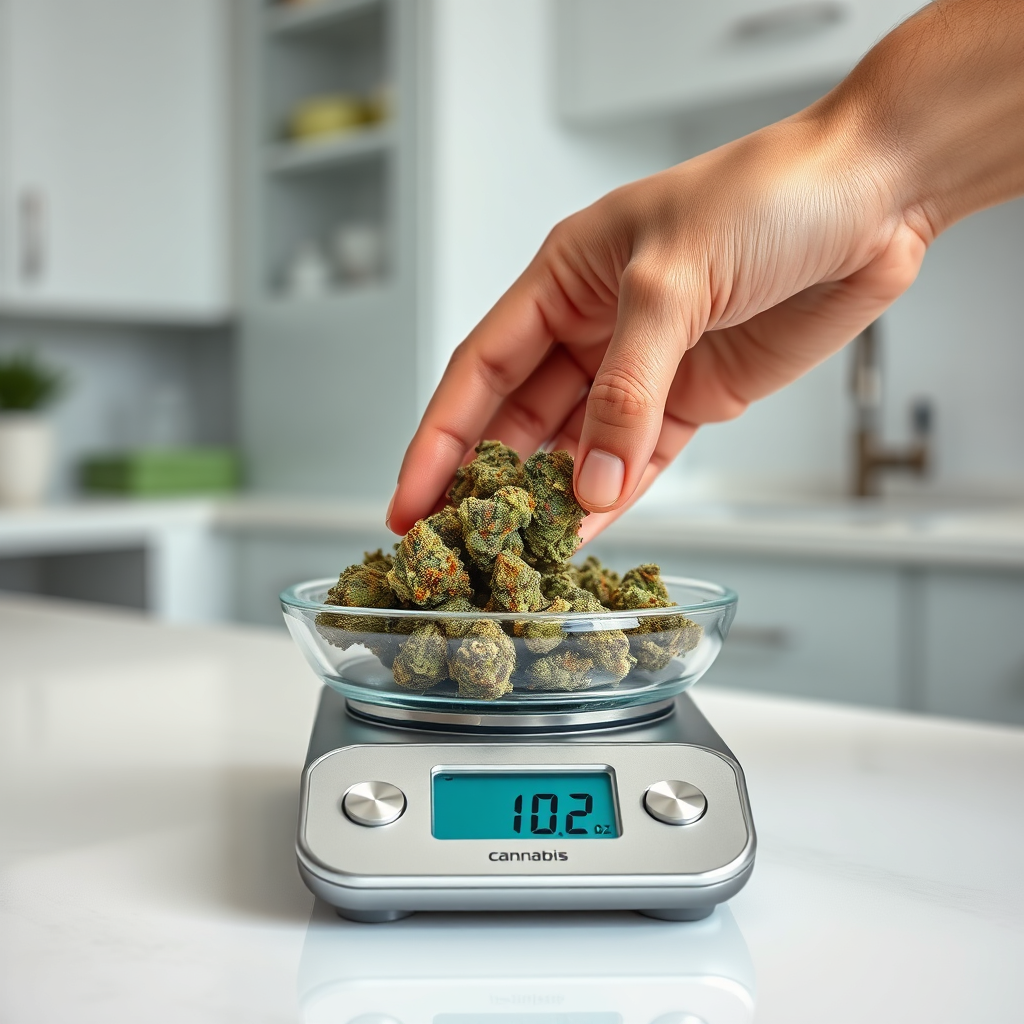 A photorealistic image of a hand carefully weighing cannabis flowers on a digital scale. The scale displays '1 oz' clearly. The background is a clean, modern kitchen setting. Lighting is soft and even. The color palette focuses on greens and whites. Camera angle is a close-up, highlighting the precision and legal limit.