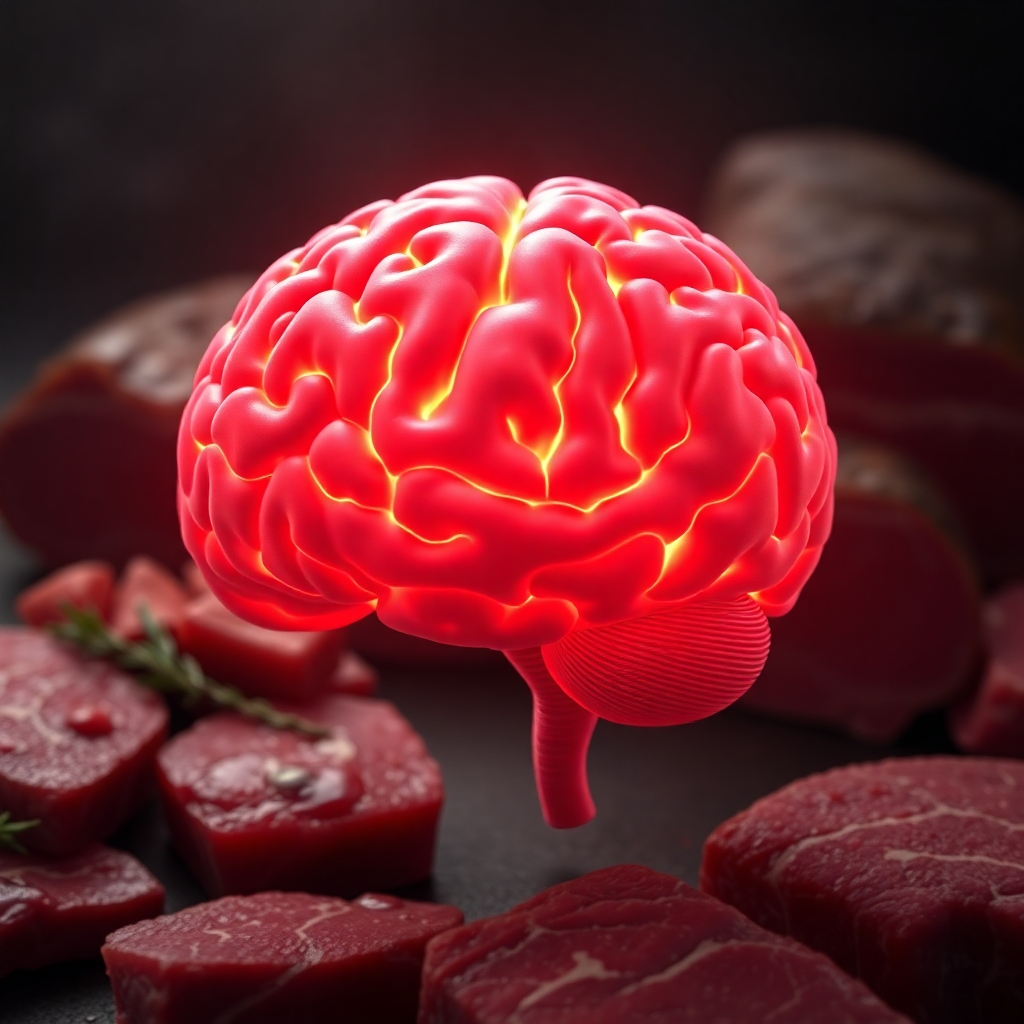 A photorealistic image of a healthy, vibrant brain, with highlighted areas showing increased neural activity and connections.  In the background, subtly show various cuts of red meat, emphasizing their rich color and texture. The overall mood should be one of enhanced clarity and energy.