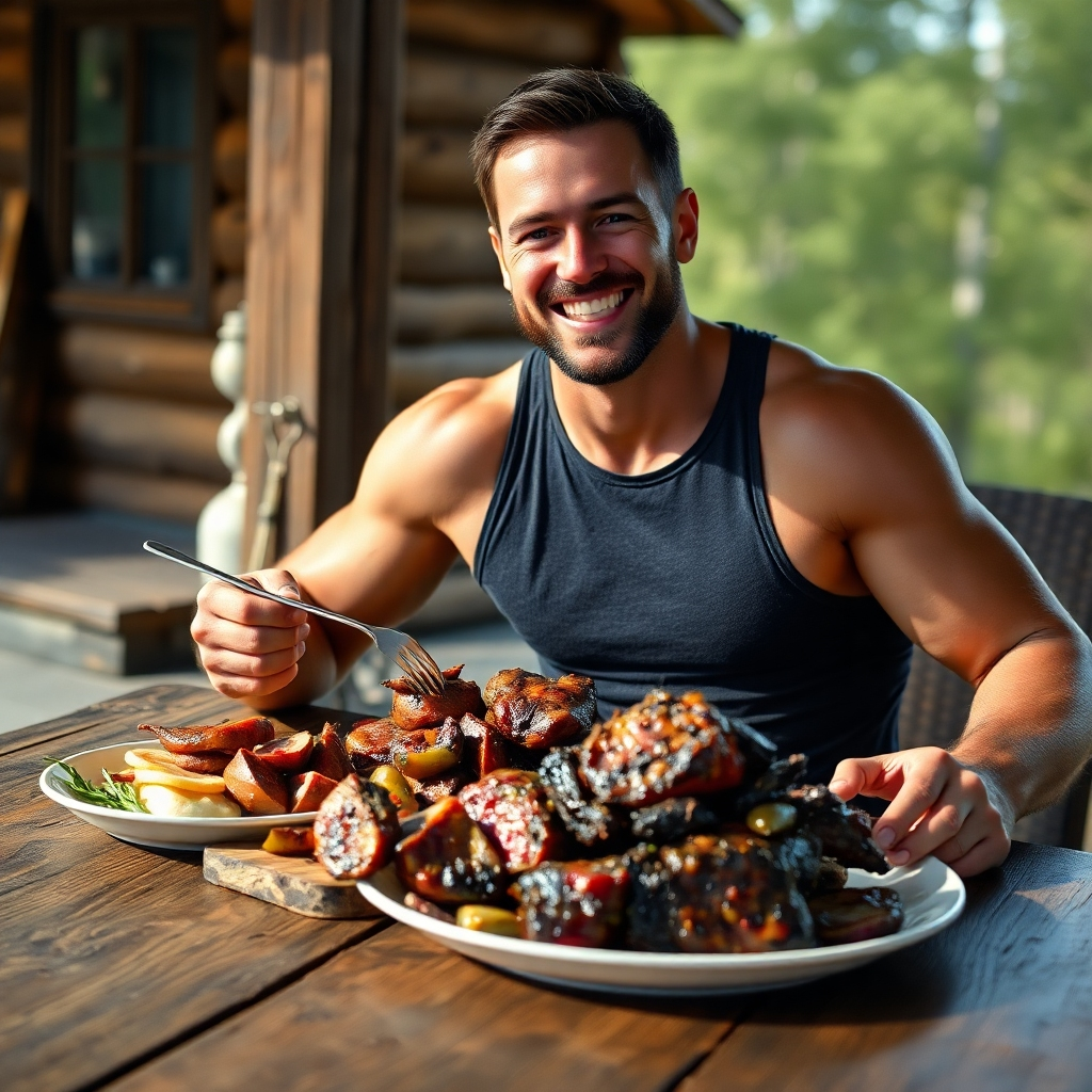 A photorealistic image of a healthy, athletic person sitting at a rustic wooden table, enjoying a meal consisting of a variety of cooked meats.  The setting should be outdoors, in natural lighting, with an emphasis on the rich colors and textures of the food. The person should appear energized and content.