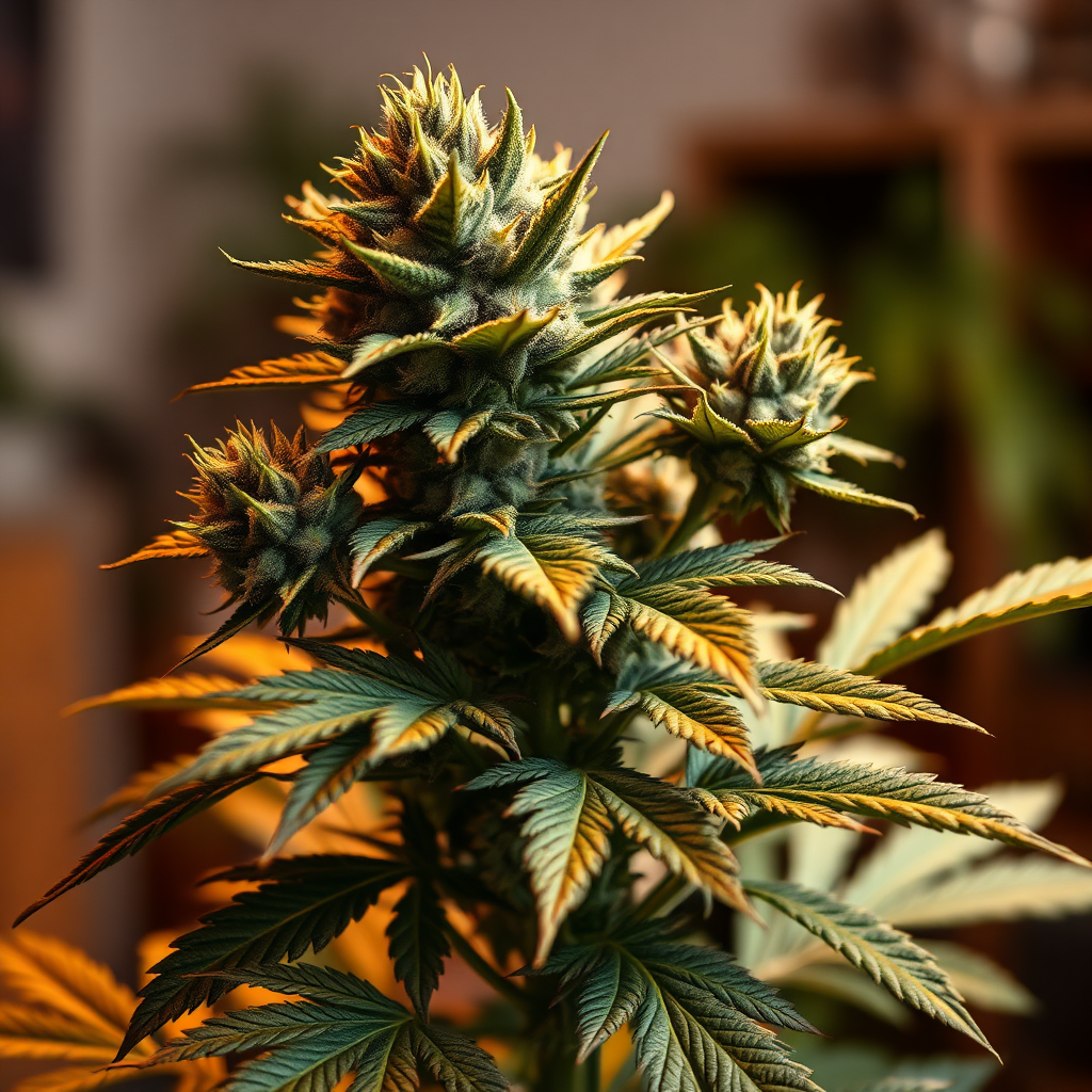 A photorealistic image of a healthy indica plant in full bloom. The plant should be short and bushy, with broad, dark green leaves and dense buds covered in trichomes. Soft, warm lighting should highlight the texture and details of the plant, creating a sense of relaxation and tranquility. The background could be a cozy indoor setting, suggesting the plant's suitability for indoor cultivation. The camera angle should be a close-up, focusing on the buds and leaves. The overall style should be calming and inviting, reflecting the effects of indica strains.