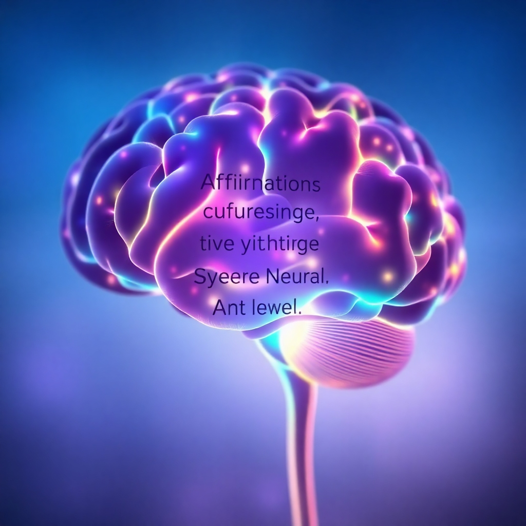 A photorealistic image of a human brain glowing with vibrant colors, representing the power of affirmations to rewire neural pathways. Subtle text affirmations are visualized as flowing lines of light entering the brain. The background is a soft, blurred gradient of blues and purples, creating a calming atmosphere. Camera angle: Close-up shot focusing on the brain's activity.