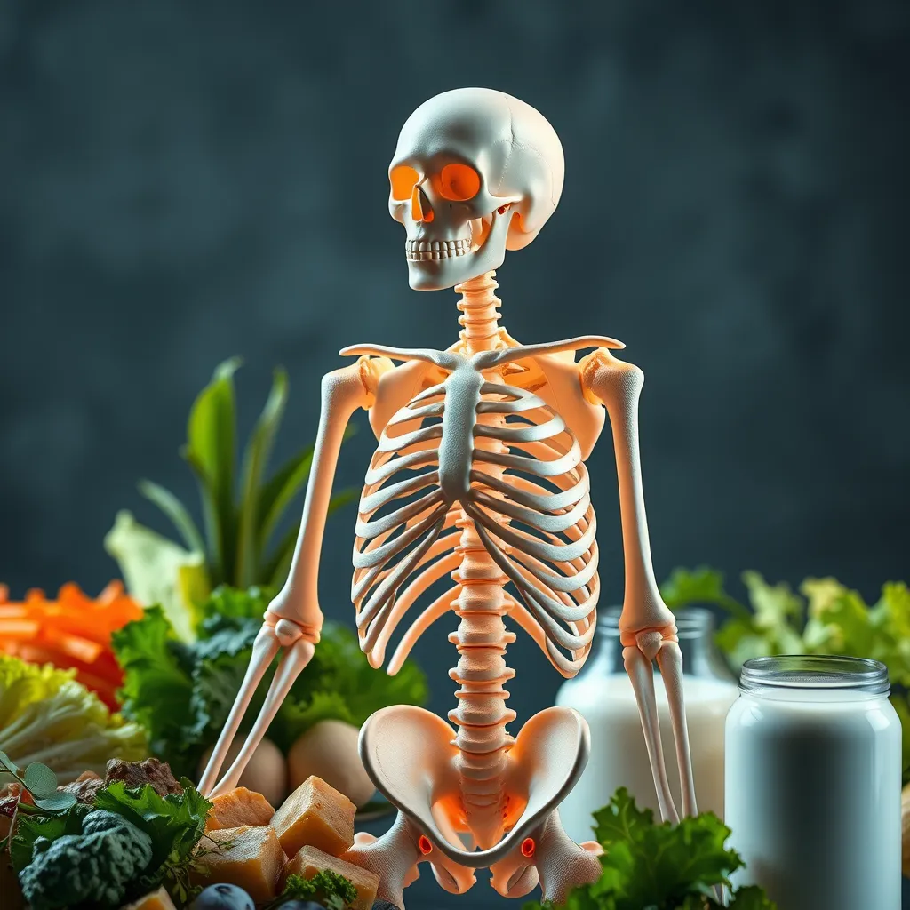 A photorealistic image of a human skeleton with a vibrant, healthy glow. The skeleton is surrounded by a variety of calcium-rich plant-based foods like leafy greens, tofu, and fortified plant milk. The image should convey the importance of calcium intake for strong bones.