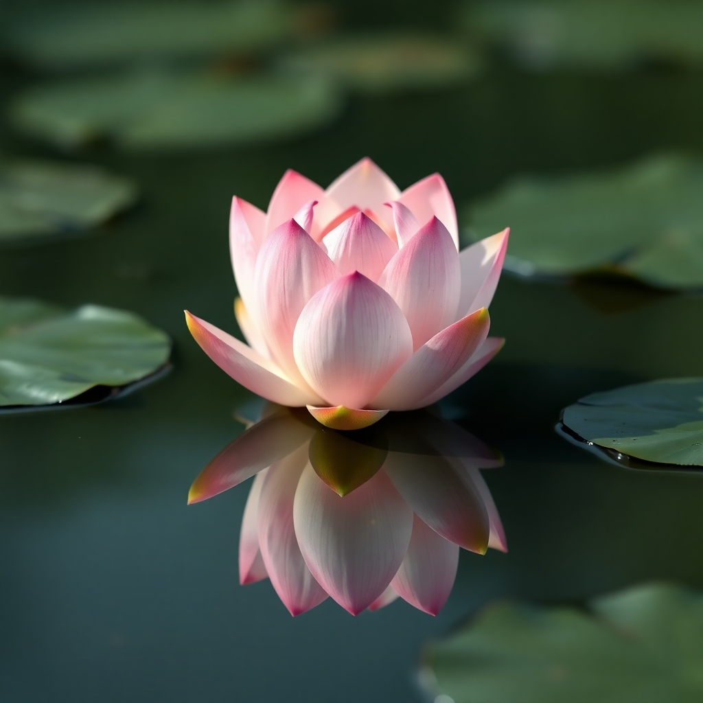 A photorealistic image of a lotus flower blooming in a still pond, symbolizing peace and tranquility. The color palette is soft and serene, with pastel hues of pink, white, and green. The camera angle is a close-up shot, emphasizing the detail of the lotus flower and the stillness of the water.