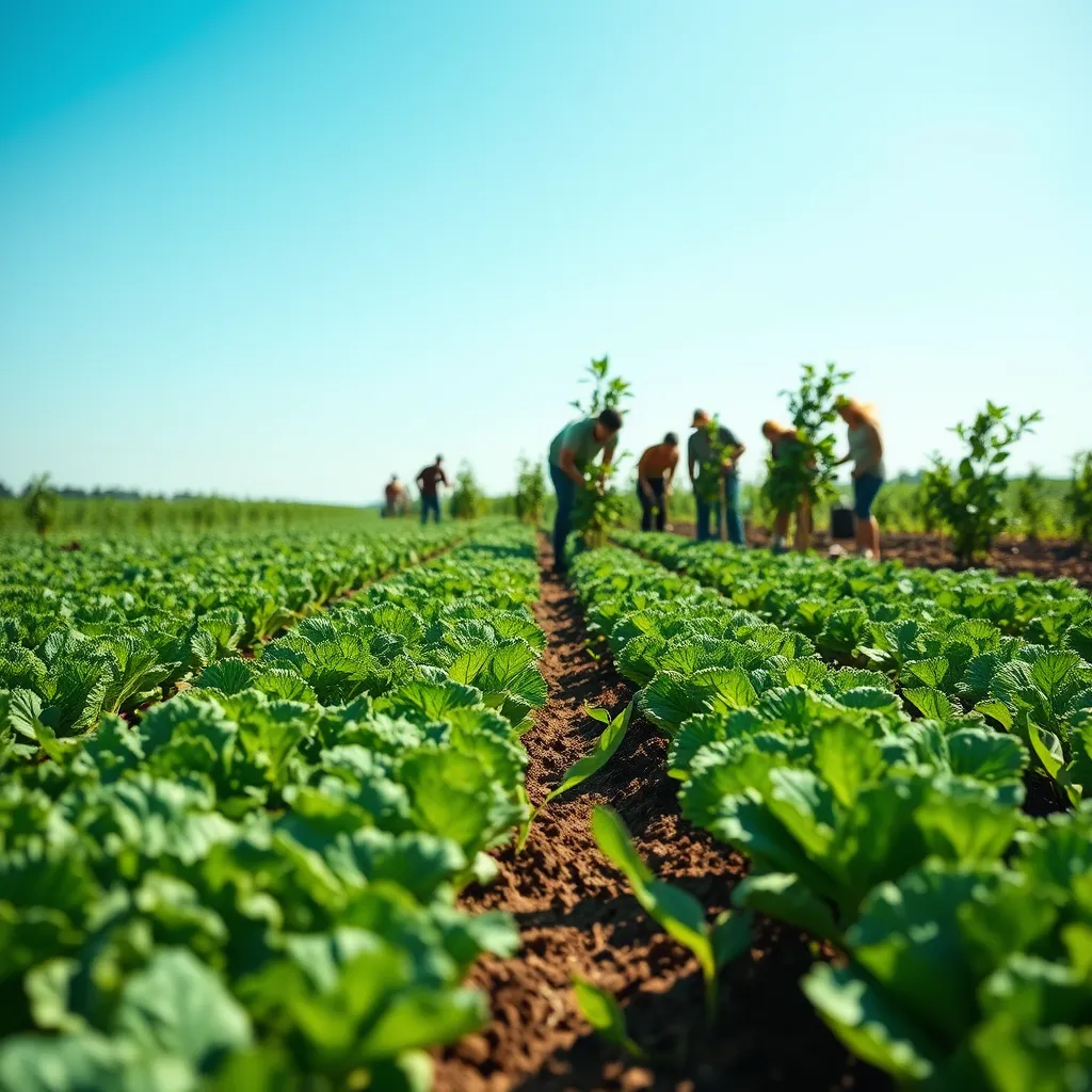 A photorealistic image of a lush green field with rows of vegetables growing. In the background, a group of people are planting trees, symbolizing sustainable farming practices. The sky above is bright blue, highlighting a sense of hope and optimism. The image could also include a graphic representation of carbon footprint reduction associated with plant-based diets.