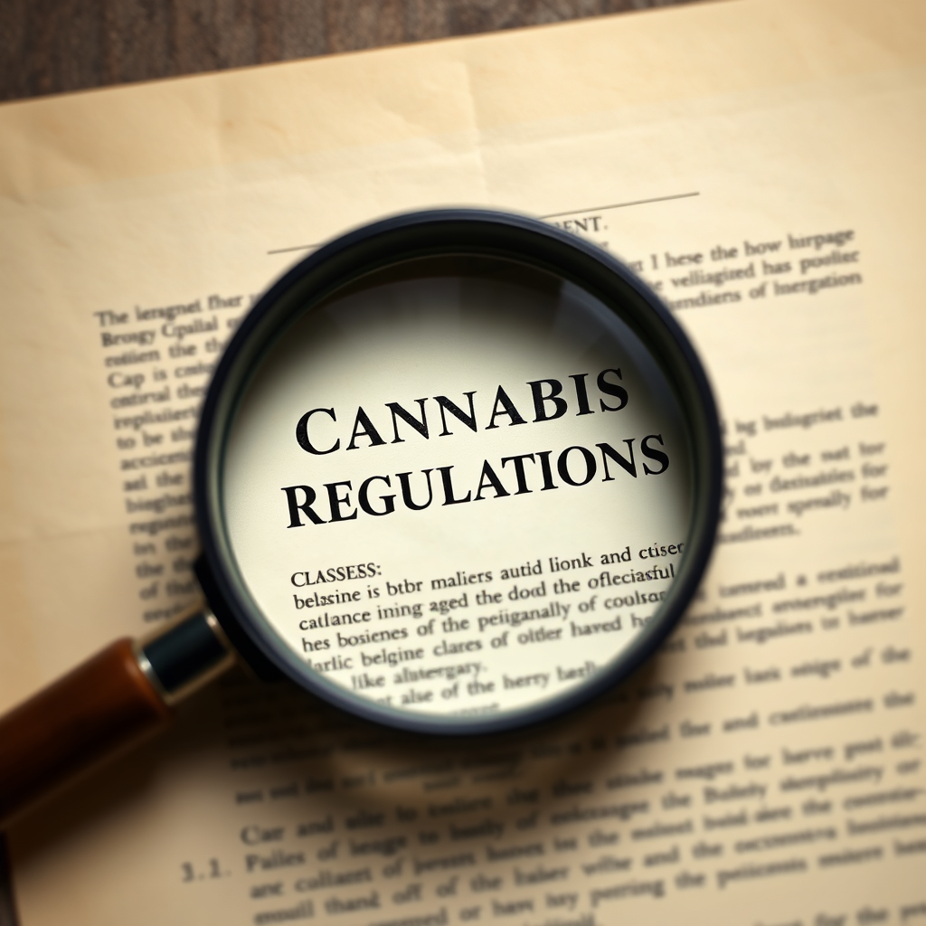 A photorealistic image of a magnifying glass hovering over a legal document titled 'Cannabis Regulations'. The document is partially visible, revealing key terms and clauses. The lighting is focused and precise, highlighting the details of the document. The color palette is predominantly beige and brown, conveying a sense of history and tradition. This image should evoke a sense of scrutiny and investigation.