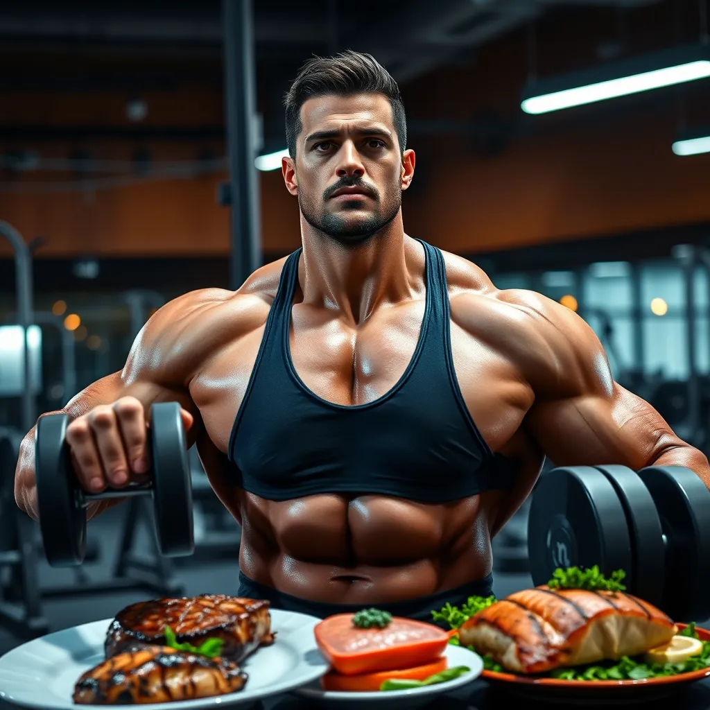 A photorealistic image of a muscular person with a determined expression, lifting weights in a gym. The background should feature a variety of delicious, protein-packed meals like grilled steak, chicken breast, and salmon, arranged attractively on plates.