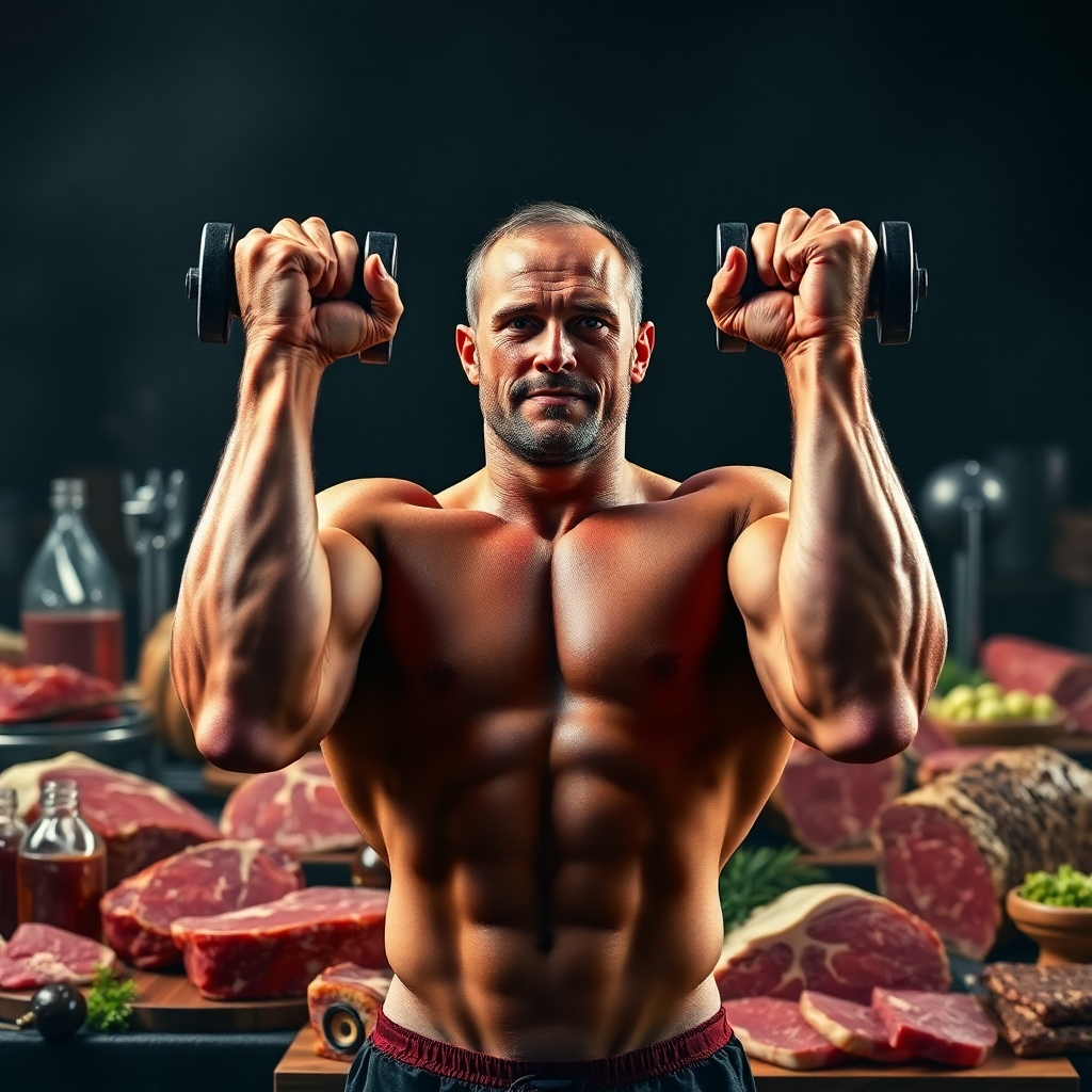 A photorealistic image of a muscular person powerfully lifting weights, with a background showcasing various cuts of meat. This image conveys physical strength and determination, representing the powerful effect of the carnivore diet on one's physique. The style should be cinematic and highly detailed.