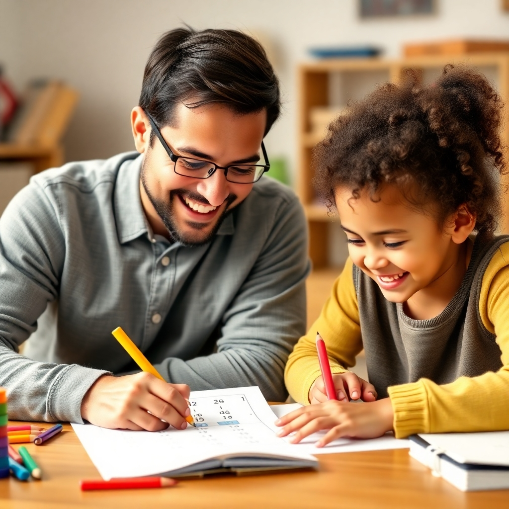 A photorealistic image of a parent and child working on math together, with smiles and encouraging gestures, showcasing the supportive learning environment.