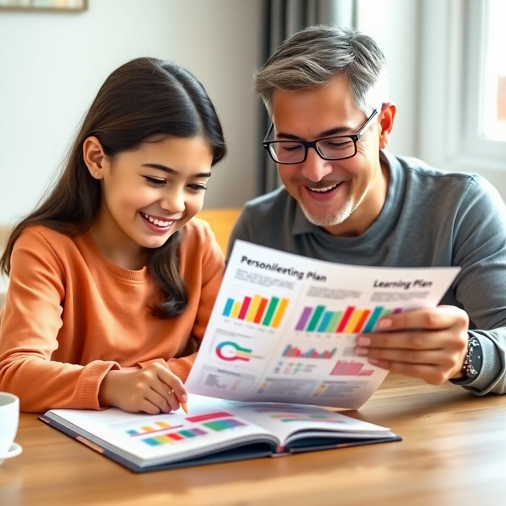 A photorealistic image of a parent and child working together on a personalized learning plan. They are sitting at a table, reviewing a document with colorful charts and graphs. The child is smiling and engaged, while the parent provides support and encouragement. The style is warm, inviting, and supportive. Technical specs: 4K resolution, high-quality rendering, realistic skin tones and textures.