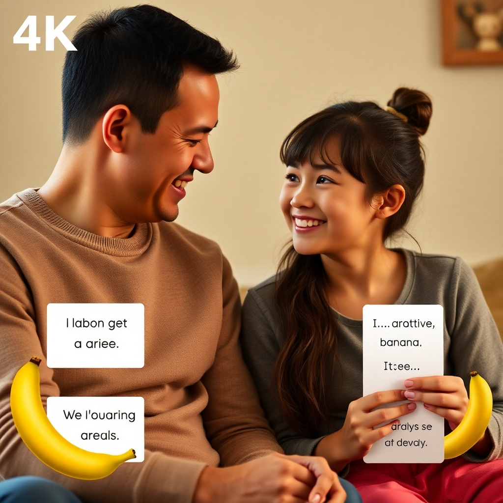 A photorealistic image of a parent and child having a positive conversation, with the banana cards subtly present in the background, showcasing the practical application of the affirmations. Resolution: 4K. Style: Photorealistic. Color palette: Natural and warm.