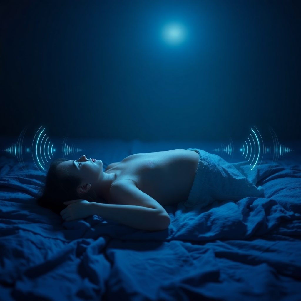 A photorealistic image of a person lying down, completely relaxed, with a calming light above them. Gentle sound waves visualized as subtle, glowing patterns surround them. The setting is a dimly lit room with soft, natural textures. The color palette is dominated by calming blues, purples, and greens. The camera angle is a slightly high, wide shot to emphasize the person's vulnerability and the peacefulness of the environment. This image should evoke a sense of profound relaxation and tranquility.