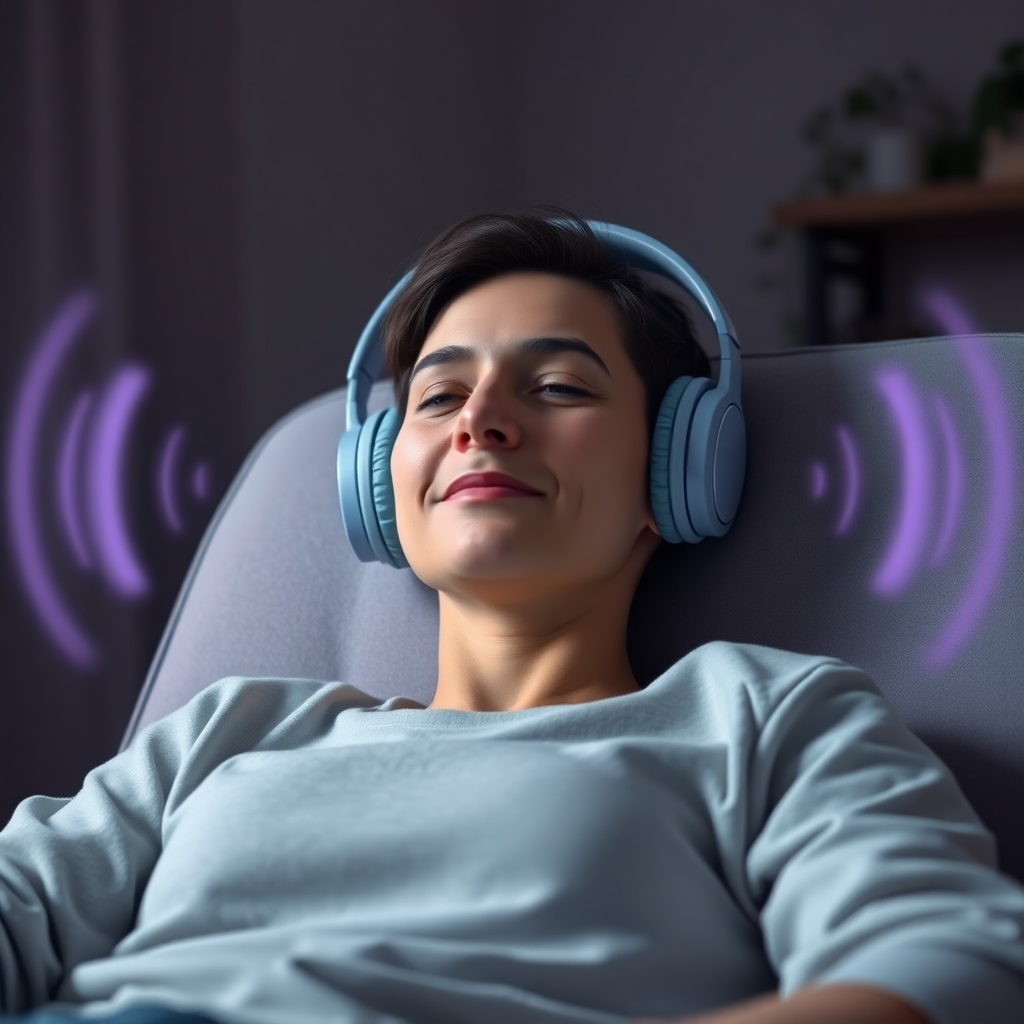 A photorealistic image of a person relaxing in a comfortable chair, surrounded by soft, glowing sound waves. The person is wearing noise-canceling headphones and has a peaceful expression. The setting is a dimly lit, cozy room. The color palette is calming and soothing, using tones of blue, green, and lavender. Camera angle is close-up, focusing on the person's serene expression. Style: Relaxing and therapeutic.