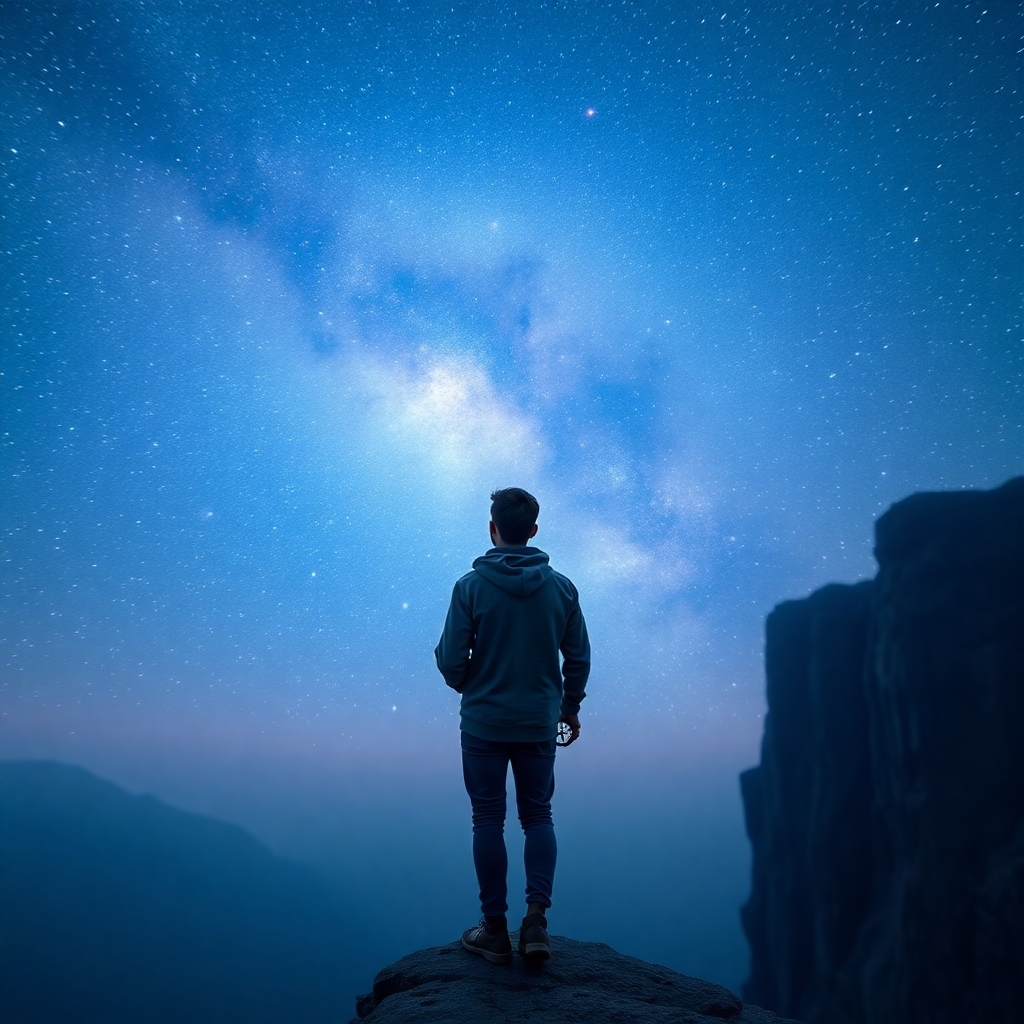 A photorealistic image of a person standing at the edge of a cliff, gazing at a vast starry sky. The person is holding a compass, symbolizing guidance and direction. The color palette is cool and calming, with a focus on blues and purples. A wide-angle shot captures the vastness of the sky and the person's sense of wonder. The environment is a natural setting, emphasizing the connection between humanity and the universe. Technical specifications: 4K resolution, hyperrealistic detail.