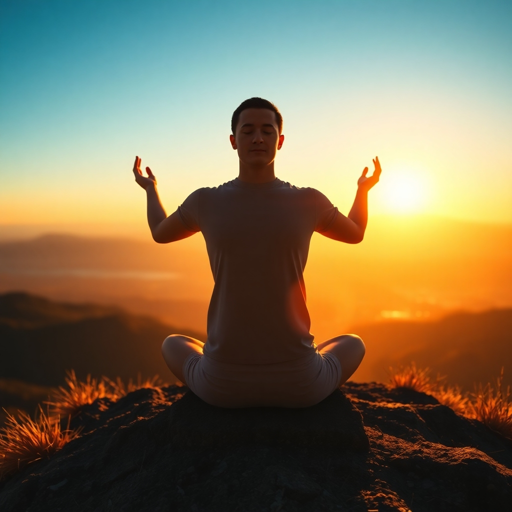 A photorealistic image of a person meditating in a serene natural setting, like a mountaintop at sunrise. The person is bathed in golden light, with subtle visual effects representing radiating positive energy. The background features a panoramic view of the landscape, emphasizing the feeling of elevation and expansion. Use a warm color palette with golden and orange hues to convey positivity and upliftment. Capture in 4K resolution with high dynamic range to enhance the details in the landscape.