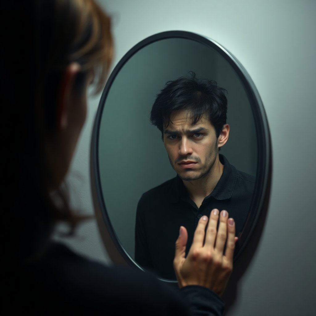 A photorealistic image of a person looking in a mirror, with a distorted reflection revealing a darker, more stressed version of themselves. The background should be dimly lit, with subtle shadows emphasizing the sense of unease and hidden problems. The color palette should be muted and desaturated, focusing on the psychological impact of neurological imbalance.