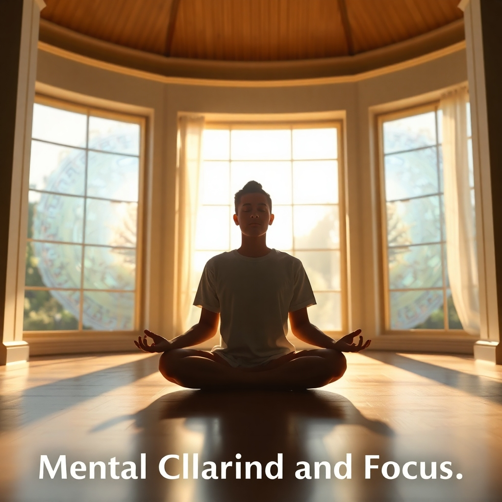 A photorealistic image of a person meditating peacefully in a sunlit room, with calming Solfeggio frequency visualizations subtly integrated into the background, accompanied by text that reads 'Mental Clarity and Focus'