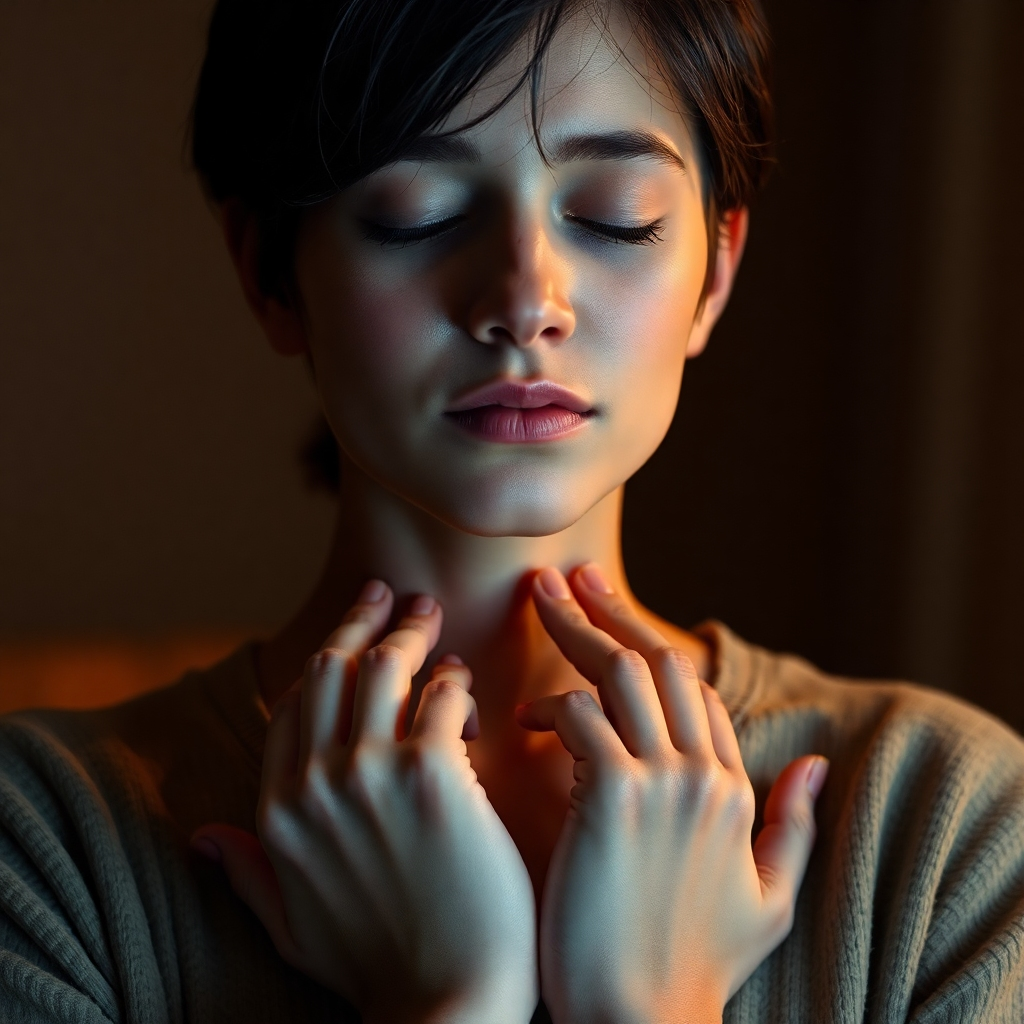 A photorealistic image of a person gently holding their own hands, their eyes closed in peaceful contemplation. Soft, warm lighting illuminates the scene, creating a comforting and intimate atmosphere. The person's expression is one of self-acceptance and tranquility. High detail, 8k resolution, hyperrealistic, cinematic lighting