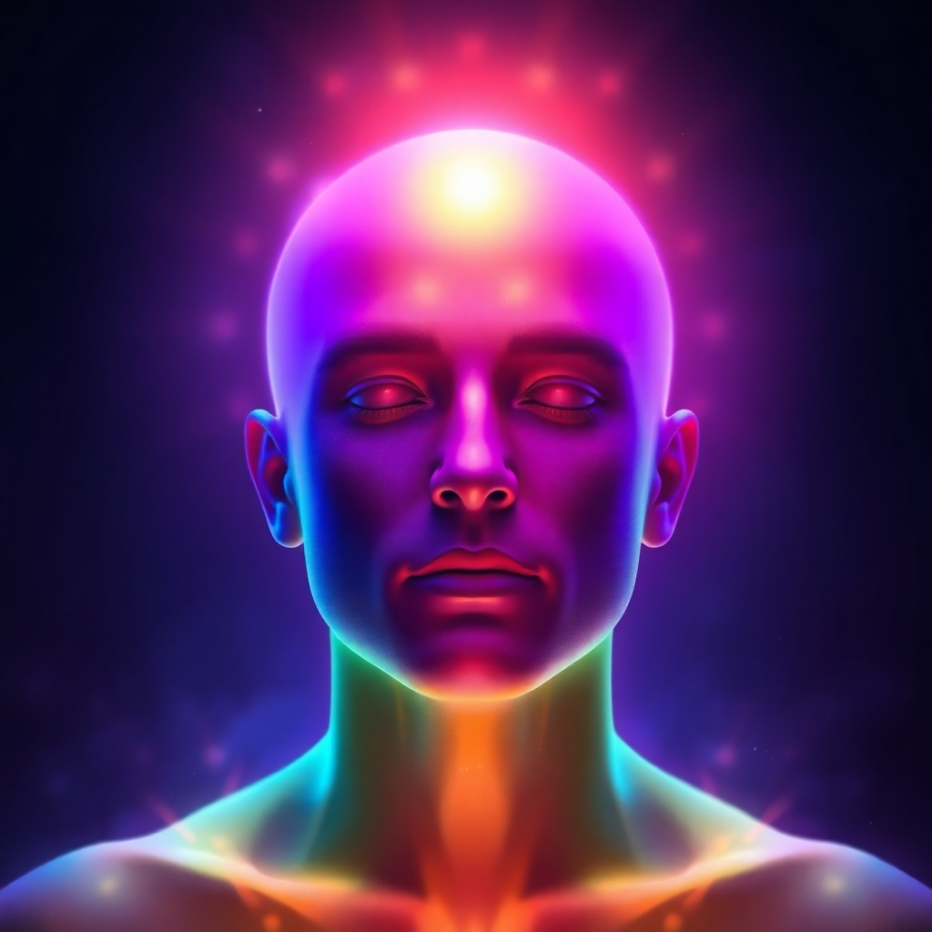 A photorealistic image of a person's aura, glowing with vibrant colors. The aura is smooth and balanced, with no signs of blockages or imbalances. The background is dark and mystical, creating a sense of wonder and awe. The style should be spiritual and artistic. Consider adding subtle visual effects, such as shimmering particles and light rays, to enhance the energetic quality of the image. Technical specs: High-quality rendering, ethereal lighting.