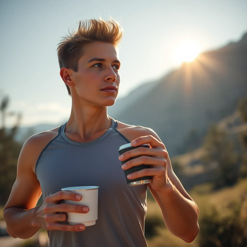 A photorealistic image of a person exercising outdoors, with a cup of coffee in their hand. The person should be wearing athletic clothing and appear focused and energized. The background should be a scenic outdoor location, with the sun shining brightly.