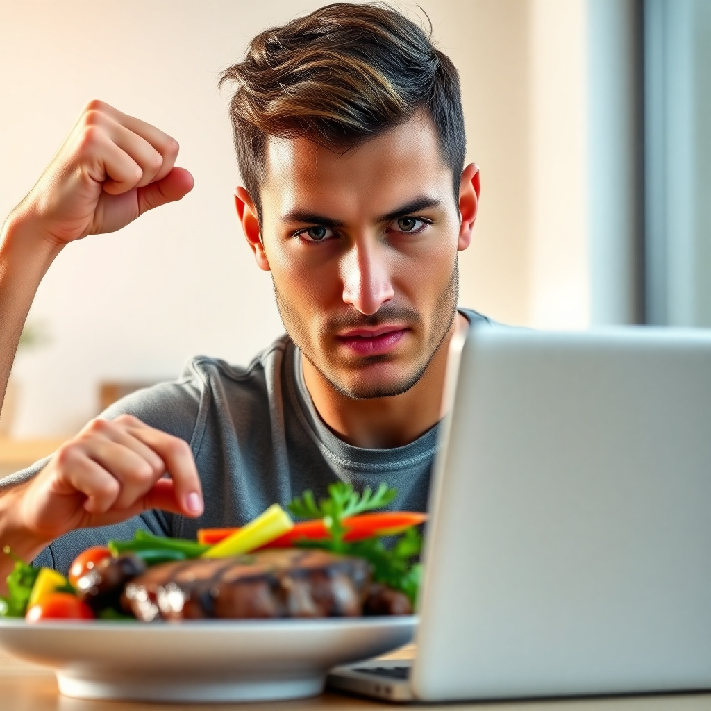 A photorealistic image of a person looking strong and focused while working on a laptop, with a plate of delicious steak and vegetables in the background.  The lighting should be natural and bright, creating a feeling of energy and vitality. The overall style should be clean, modern, and aspirational.
