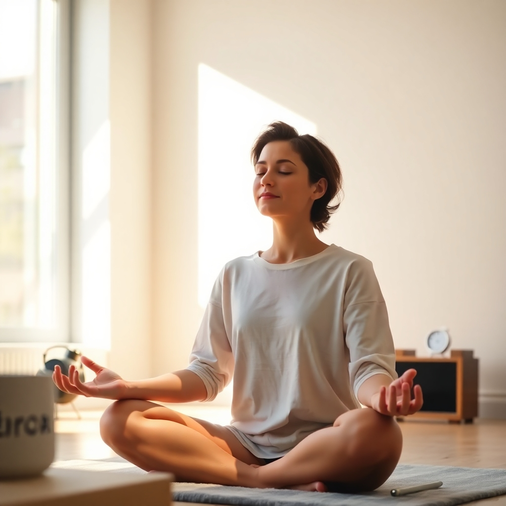 A photorealistic image of a person meditating peacefully in a sunlit room at the start of their workday. A subtle timer is visible in the background, set to a Pomodoro interval. The scene is serene and uncluttered, conveying a sense of calm and intention. Focus on the play of light and shadow, and the peaceful expression on the person's face.