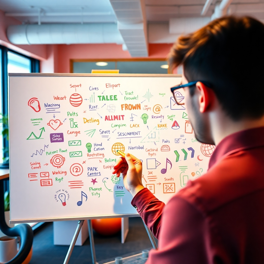 A photorealistic image of a person brainstorming with a whiteboard filled with colorful ideas and concepts. Soft, swirling sound waves are visible in the background, representing creative inspiration. The setting is a vibrant and inspiring office space. The color palette is diverse and stimulating, using a mix of bright and bold colors. Camera angle is wide, capturing the person's engagement with their work and the surrounding environment. Style: Creative and inspiring.