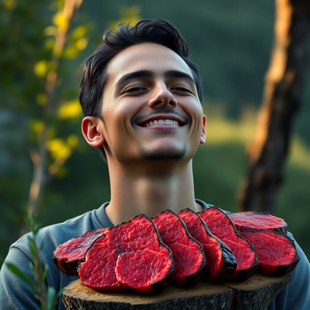 A photorealistic image of a person feeling calm, happy, and relaxed, possibly enjoying nature or engaging in a calming activity like meditation. Subtly include images of delicious cuts of steak, rich in nutrients for optimal brain function.  The person should convey a sense of peace, contentment, and mental clarity.