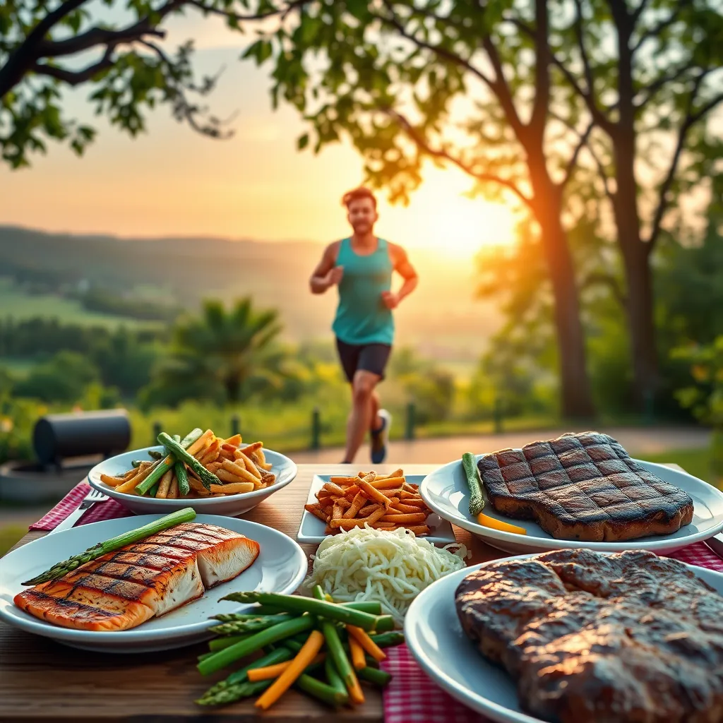 A photorealistic image of a person running outdoors in a scenic park, showcasing a healthy glow and feeling invigorated. The background should depict a vibrant green landscape and the setting sun, with a table spread with a delicious array of meat-based meals like grilled salmon with asparagus, a chicken stir-fry, and a hearty steak dinner.