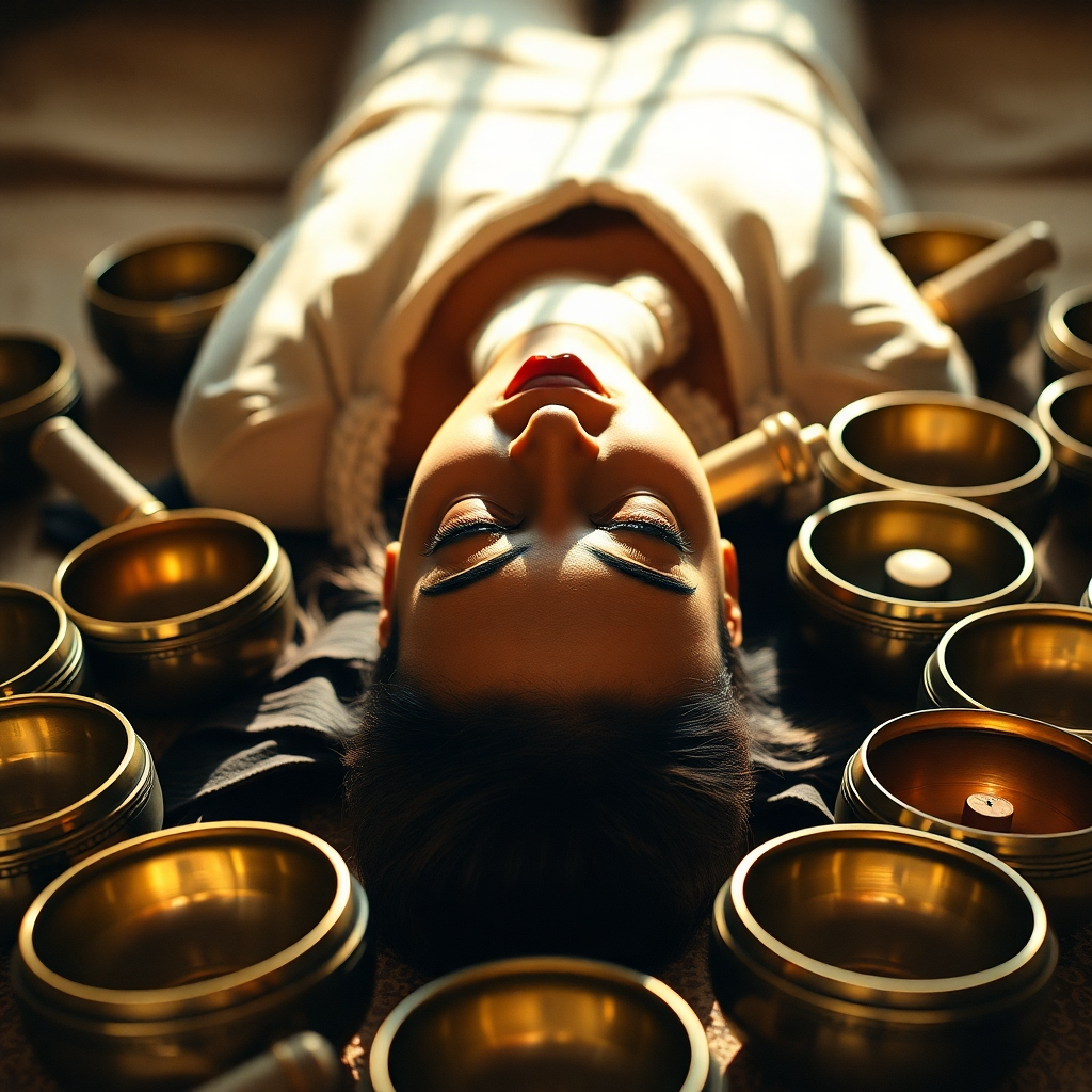 A photorealistic image of a person lying down, surrounded by singing bowls. Soft light illuminates the scene, creating a peaceful atmosphere. The color palette is warm and inviting, with earth tones and golds. Focus on the intricate details of the bowls and the person's relaxed expression. 4k resolution.