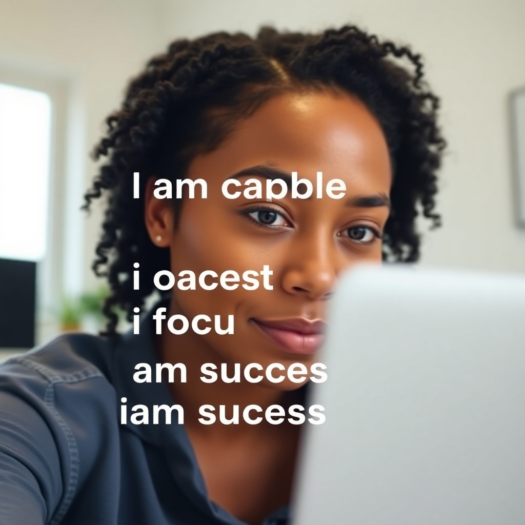 A photorealistic image of a person looking confidently at their laptop screen. Superimposed over their face, in a translucent style, are positive affirmations like 'I am capable,' 'I am focused,' and 'I am successful.' The background is a clean, minimalist home office. Lighting is bright and optimistic, with a focus on the person's confident expression. Style: Modern and empowering. Camera angle: close-up, focusing on the face and the overlayed affirmations.